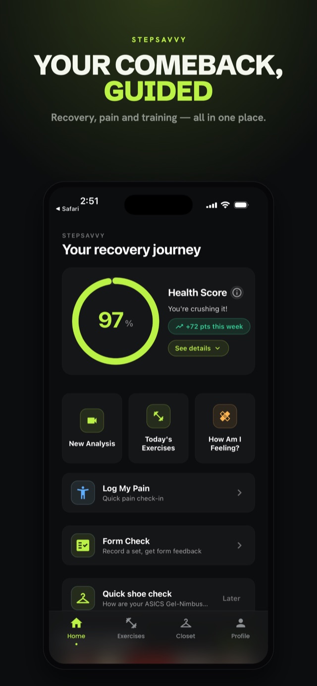 StepSavvy home screen — Health Score and daily recovery actions